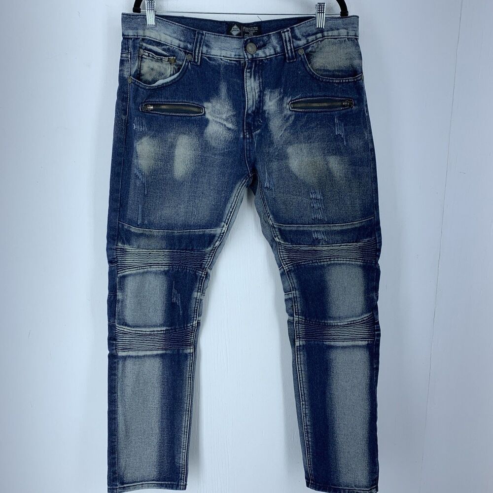 Road Narrows Mens 36 Moto Biker Jeans Streetwear Grunge Distressed Ribbed Skate